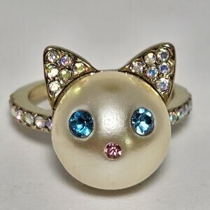 Betsey Johnson Cat Ring Faux Pearl Blue Rhinestone Eyes Pink Nose Size 7 Kitty